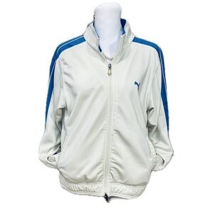 Puma Vintage White Track Jacket with Blue Trim Detail, Women’s Size Large.